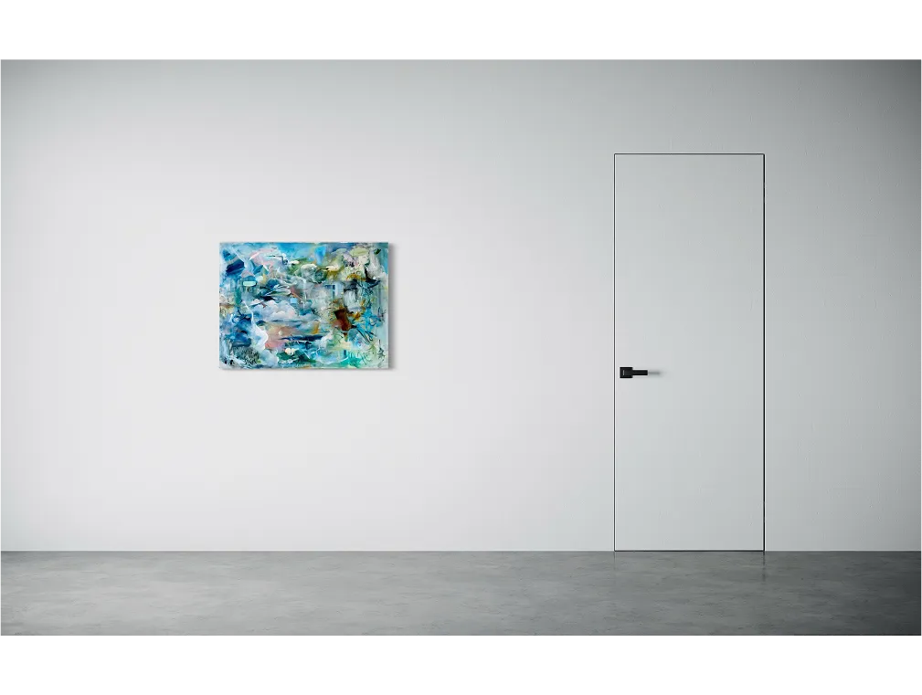 Light gray textured wall with a colorful abstract painting titled "All My Friends in the Sky" hanging at eye level.