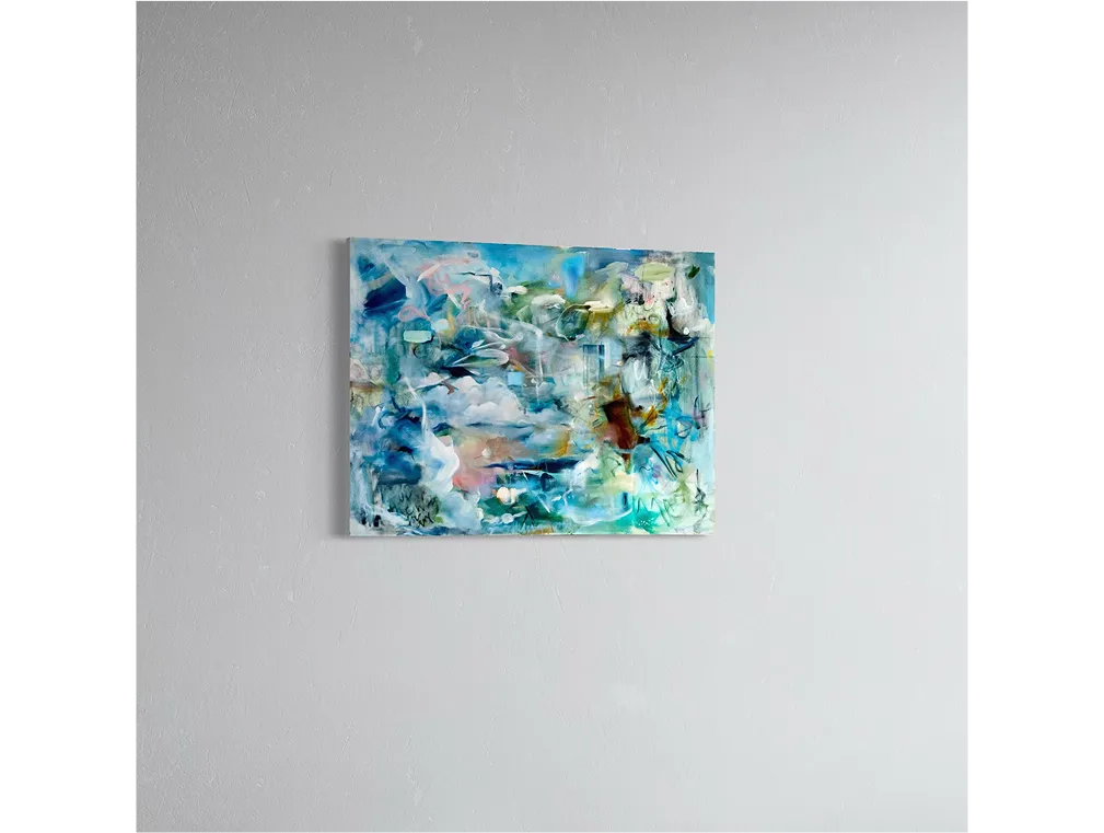 Light gray textured wall with a colorful abstract painting titled "All My Friends in the Sky" hanging at eye level.