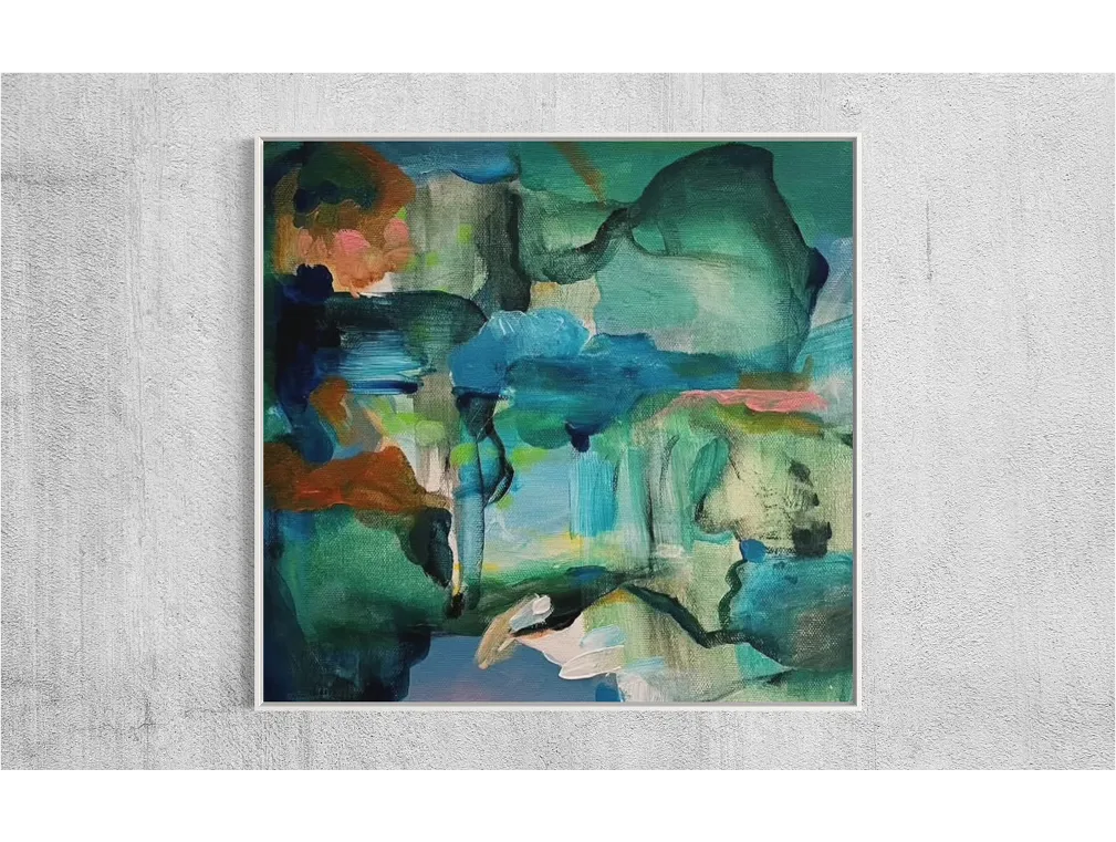 Close-up view of "Relativity" painting on a light textured wall. Brushstrokes and colors are vivid in soft, diffused light.