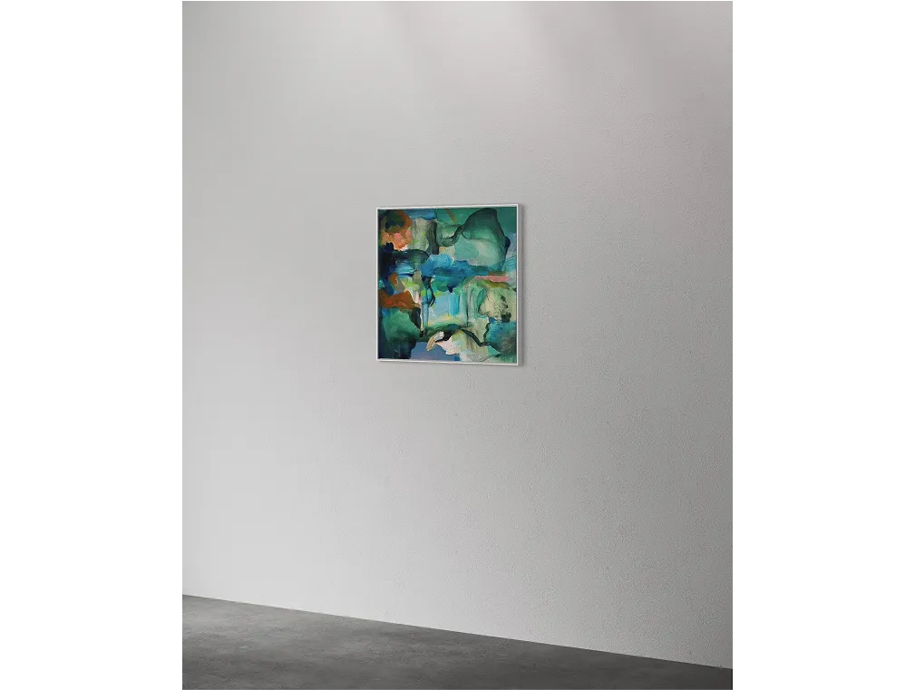 Minimal gallery space with concrete floor and soft light. "Relativity" painting hangs centered on a textured wall.