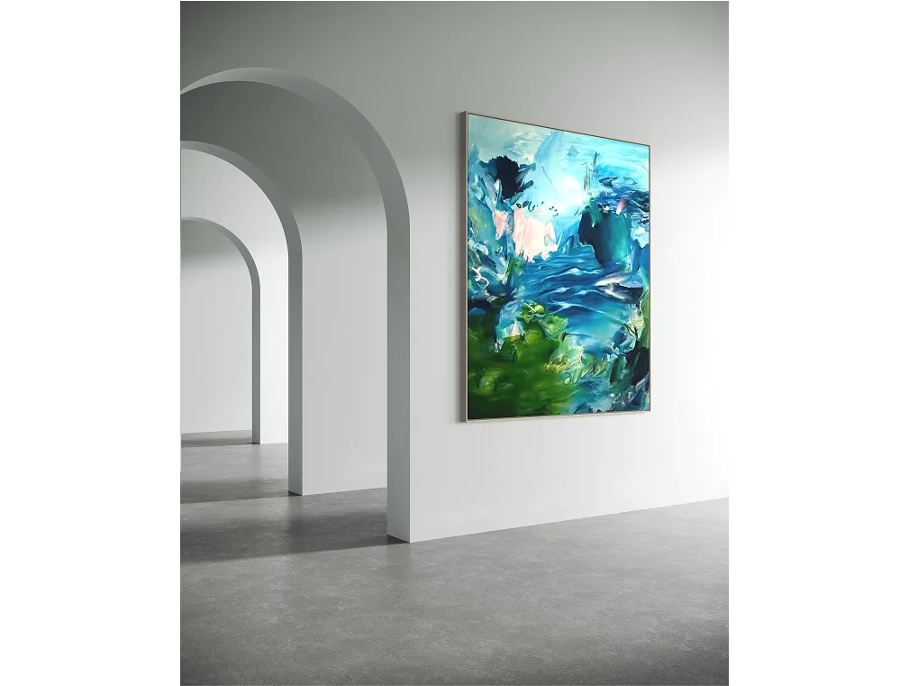 Arched hallway with gray floor and soft light. "At Home with You, in the Blue Light" painting hangs on the central wall.