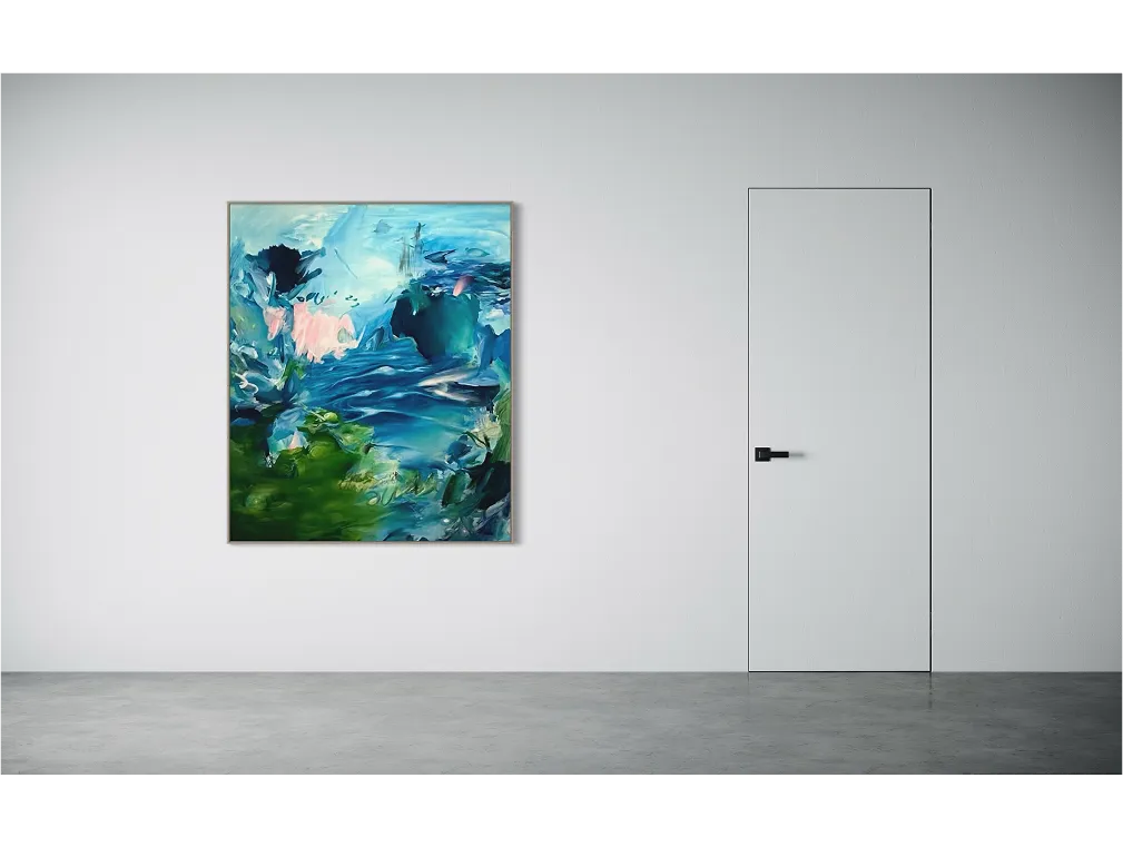 White room with gray floor and closed door. "At Home with You, in the Blue Light" painting hangs on the left wall.