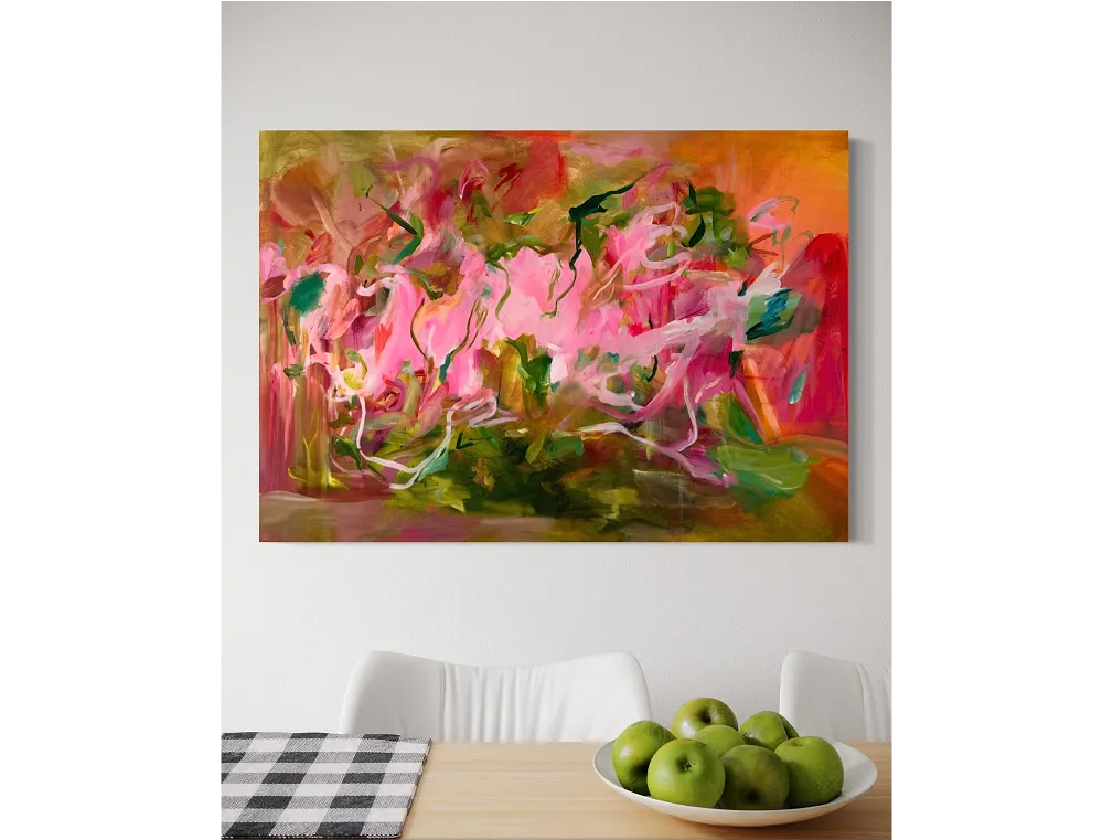 Dining area with a wooden table, white chairs, and green apples, featuring a bold abstract painting titled "Growing Pains".