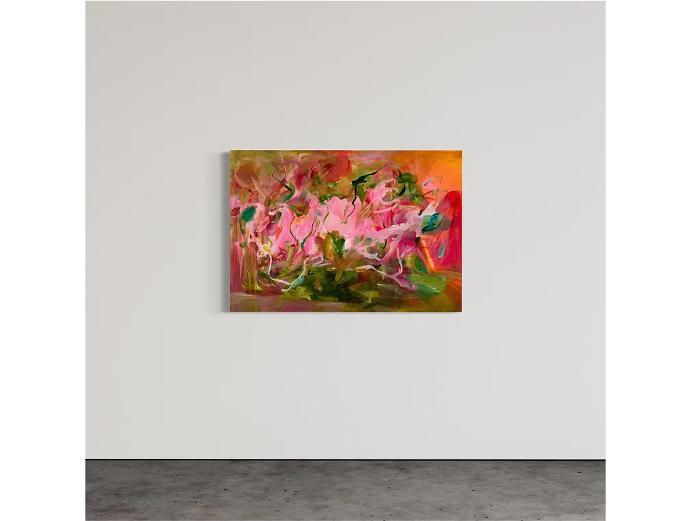 Light room with concrete floor and a vivid abstract painting titled "Growing Pains" hanging on the white wall.