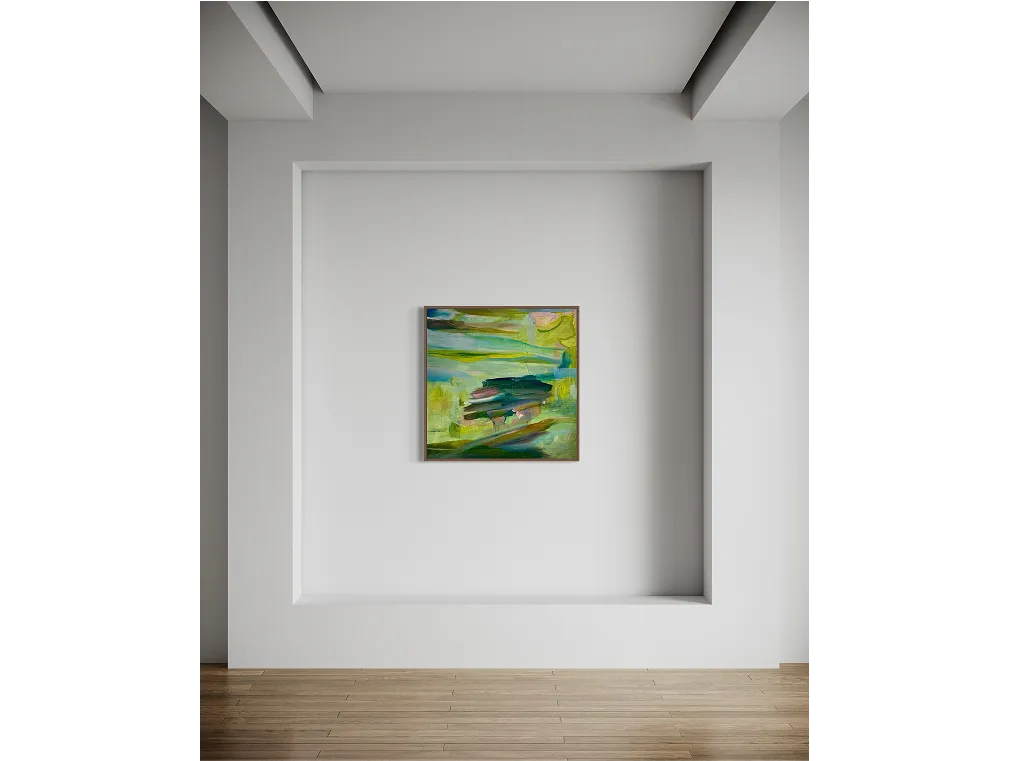 Minimalist white room with wood flooring and recessed wall space showcasing a framed abstract painting titled "Candy Land".