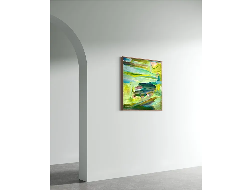 Minimalist room with arched doorway and smooth gray floor, featuring a framed painting titled "Candy Land" on the wall.