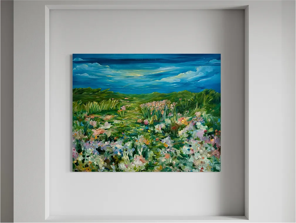 A colorful landscape painting titled "Nostalgic for Everything" hangs in a recessed white wall niche with soft lighting.
