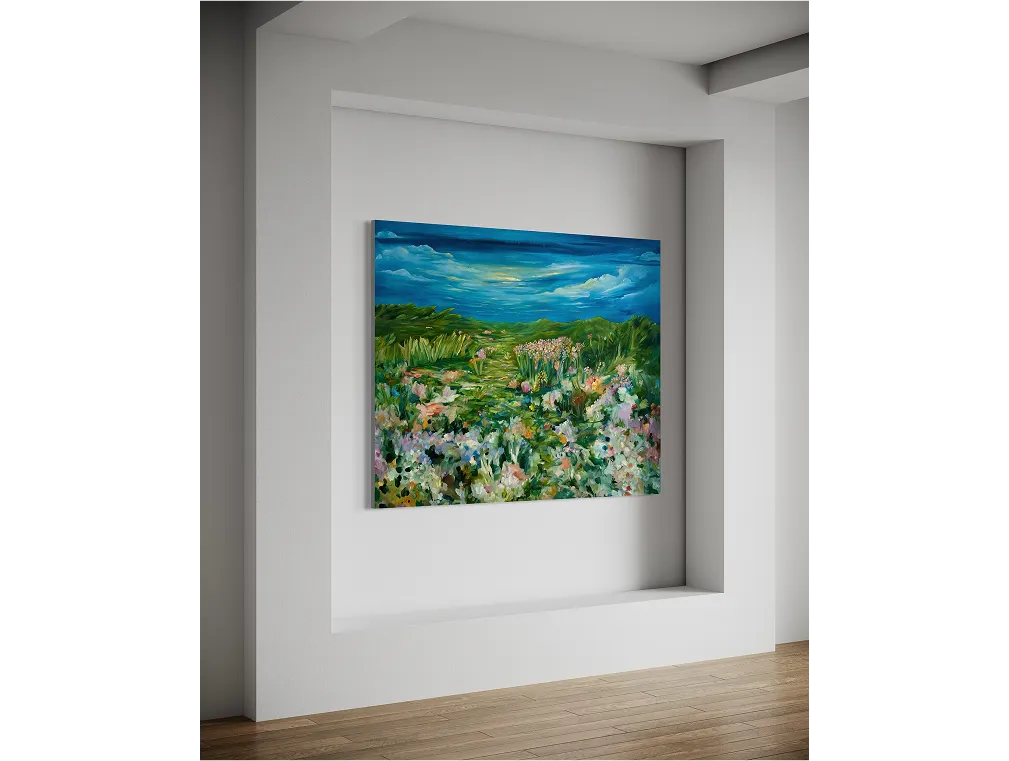 Recessed white wall with wood flooring features a vibrant landscape painting titled "Nostalgic for Everything".