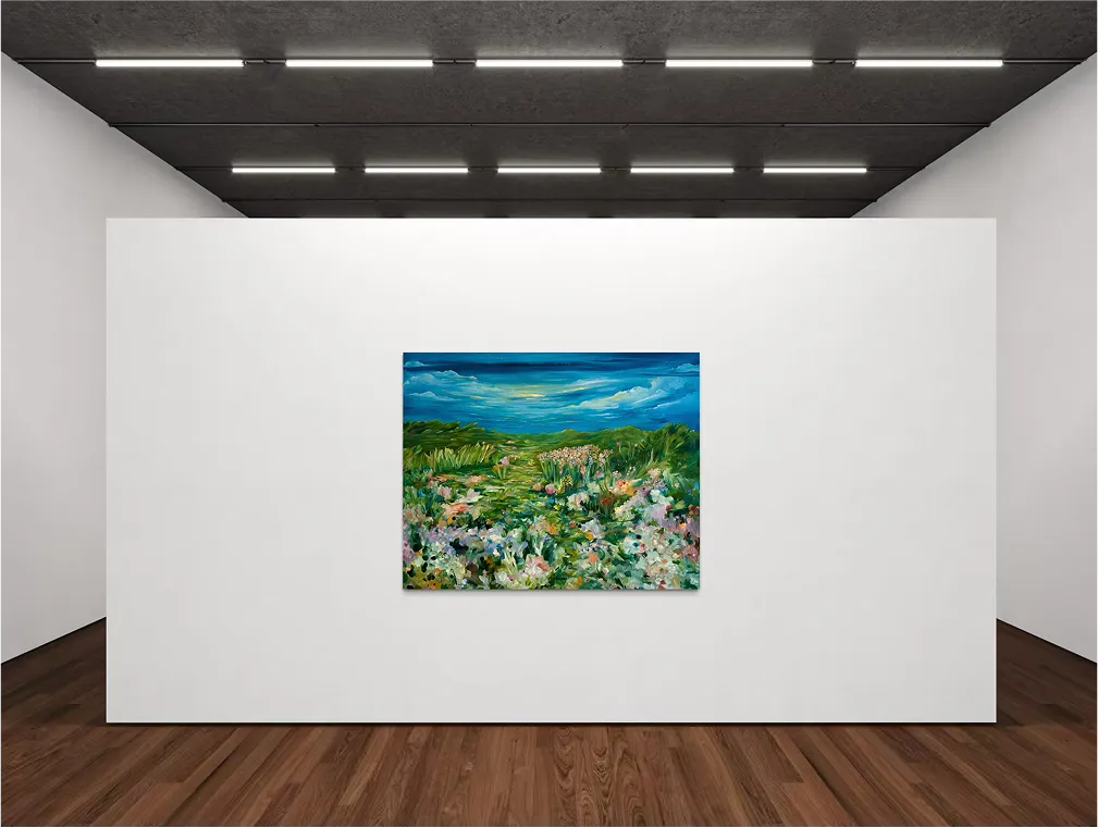 Gallery space with wood flooring and spotlighted white wall, featuring a painting titled "Nostalgic for Everything".