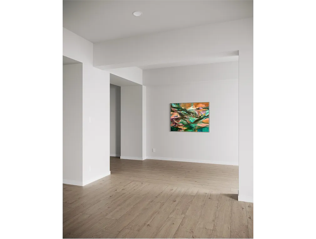 Minimalist room with light wood flooring and white walls, featuring a vibrant painting titled "Burnt Paradise".