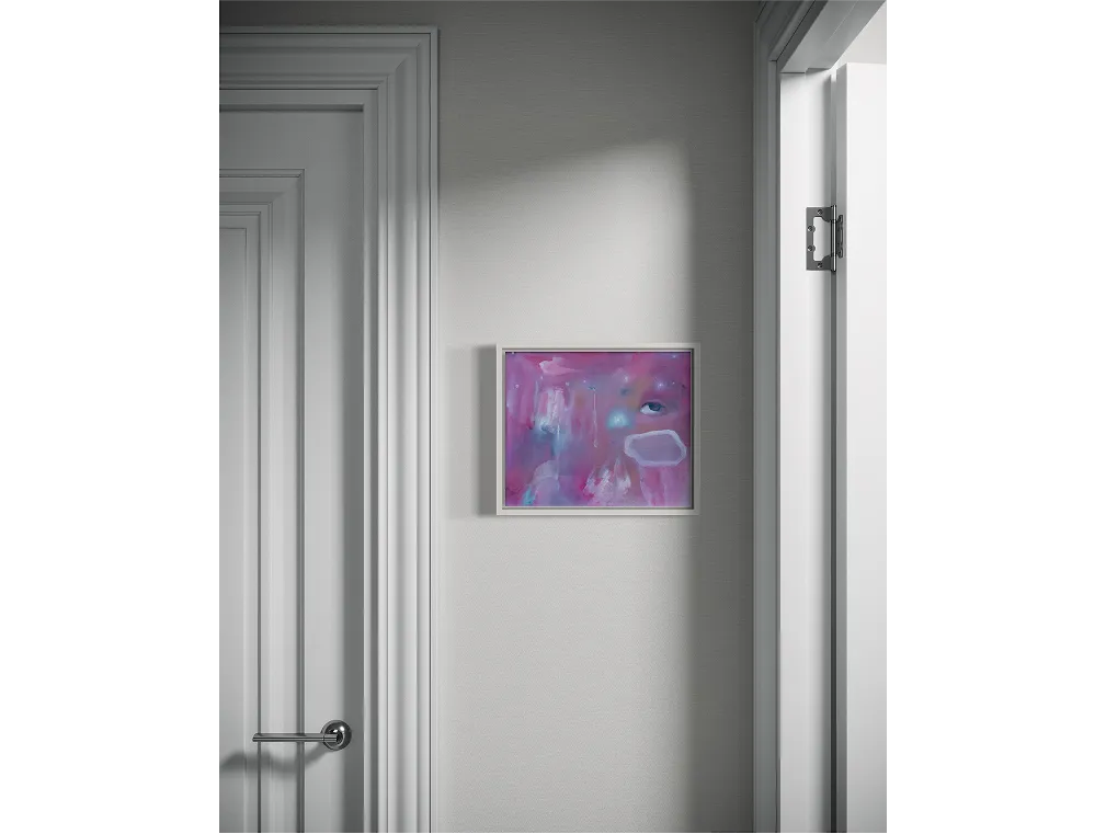 Narrow hallway with soft gray walls and white trim, featuring a framed purple-pink painting titled "Connect the Stars".