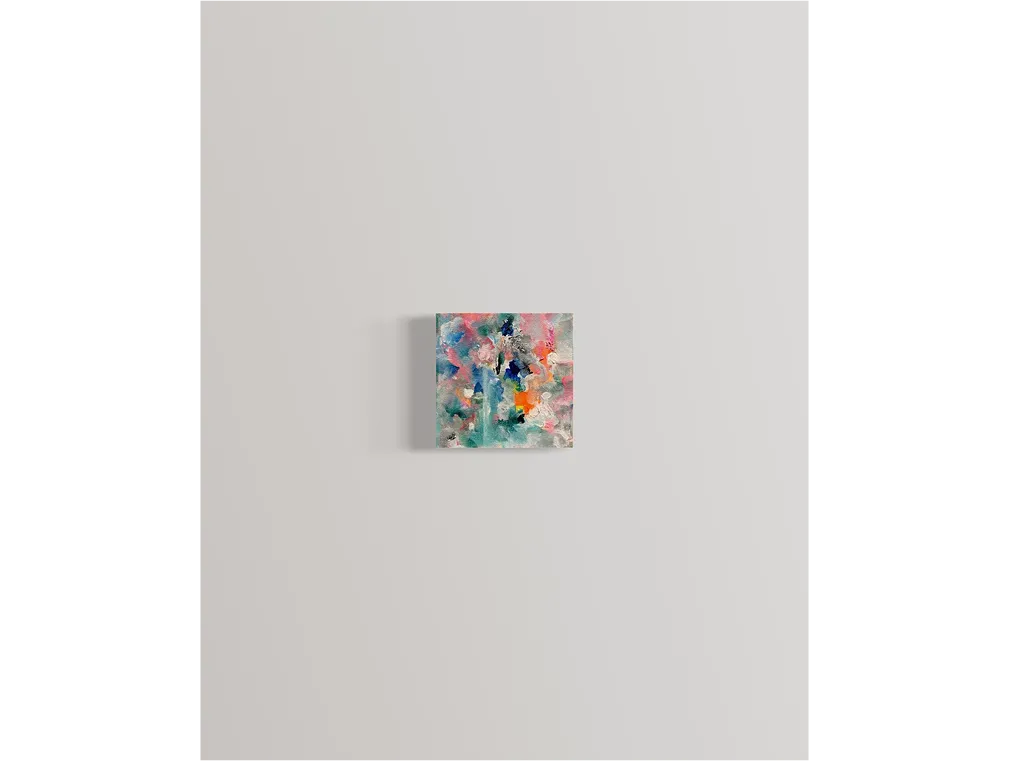 Light gray wall in a minimal space features a small, colorful abstract painting titled "Love" hung at the center.