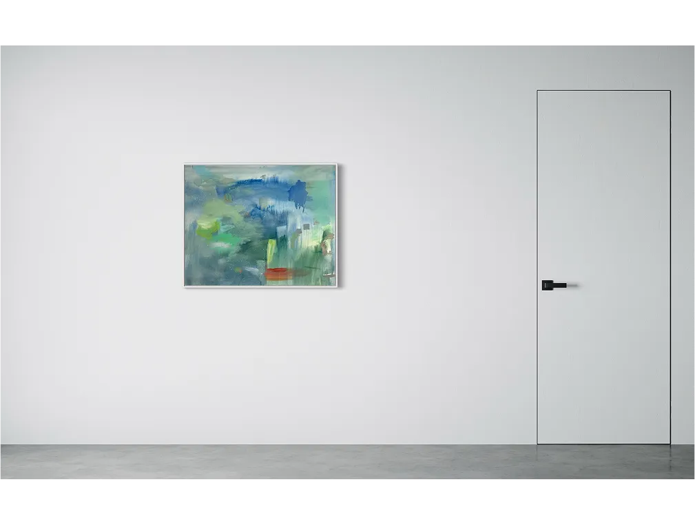 Minimalist room with white walls and a framed abstract painting titled "Washed Up" next to a black-handled door.