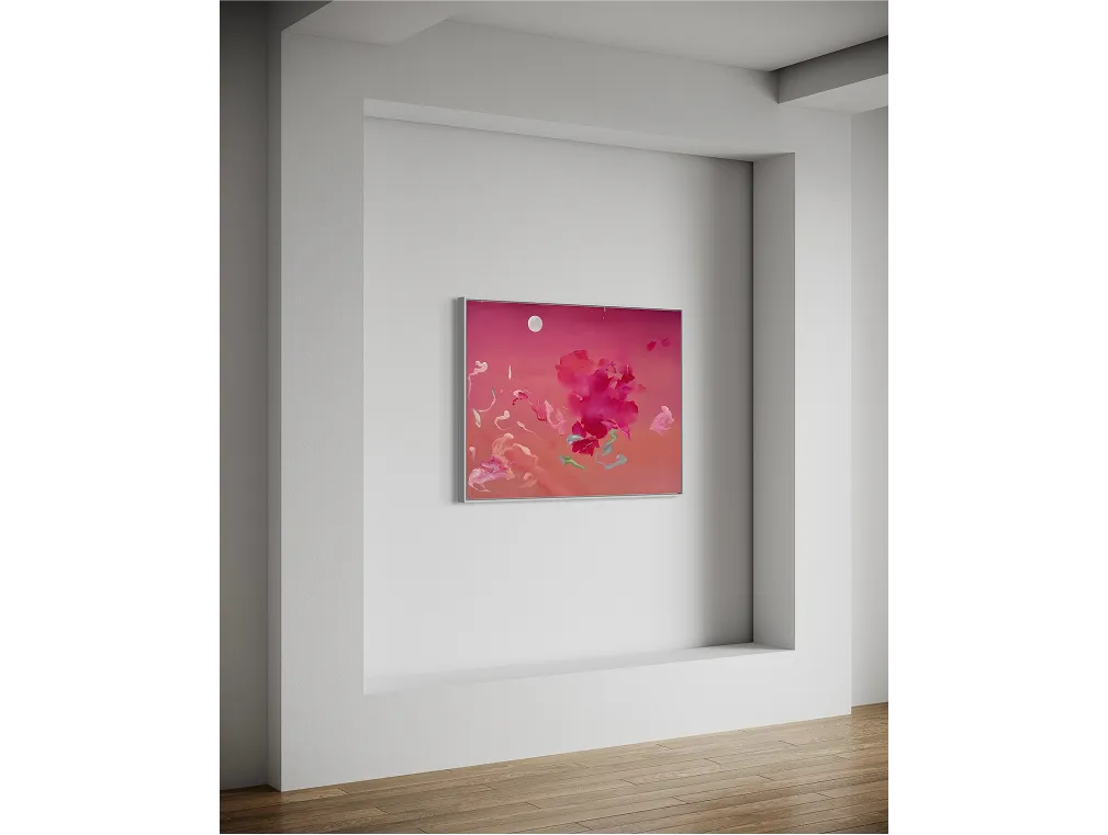 Framed painting titled "Free Fall" hangs in a recessed white wall nook with wood flooring and soft natural light.