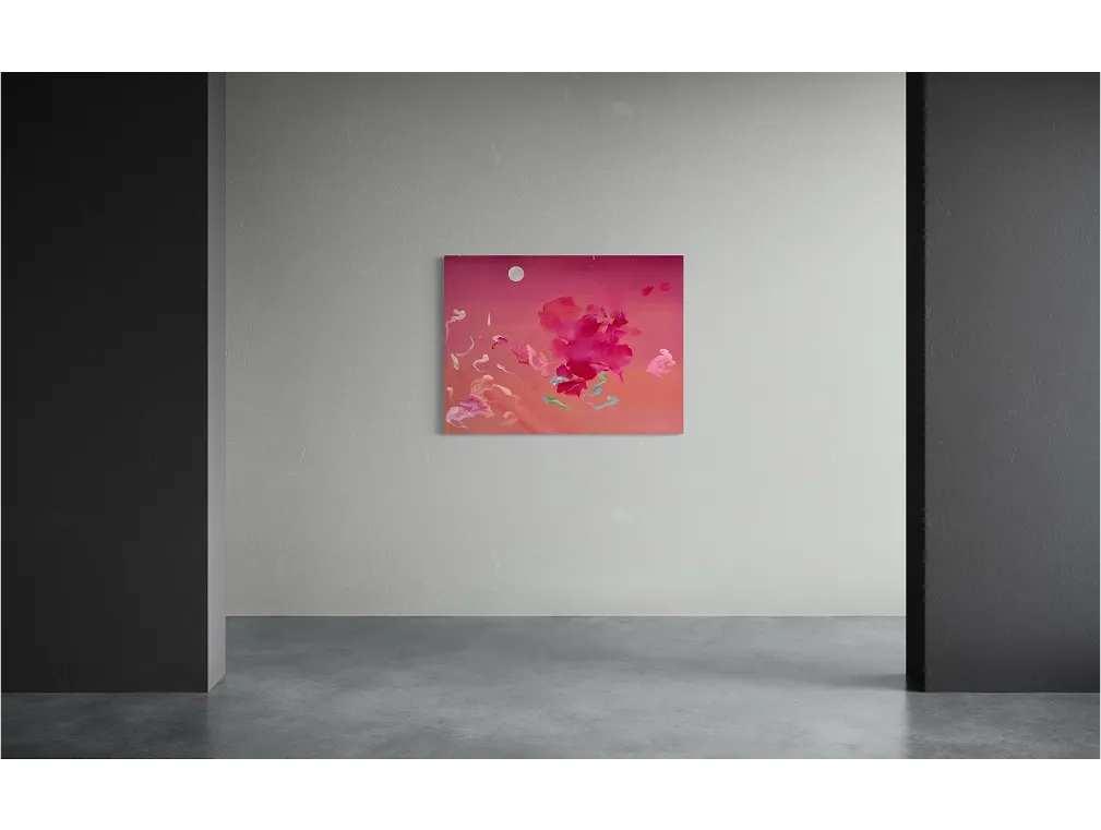 Minimal gallery-style space with gray walls and floor, featuring a pink-toned abstract painting titled "Free Fall" at center.