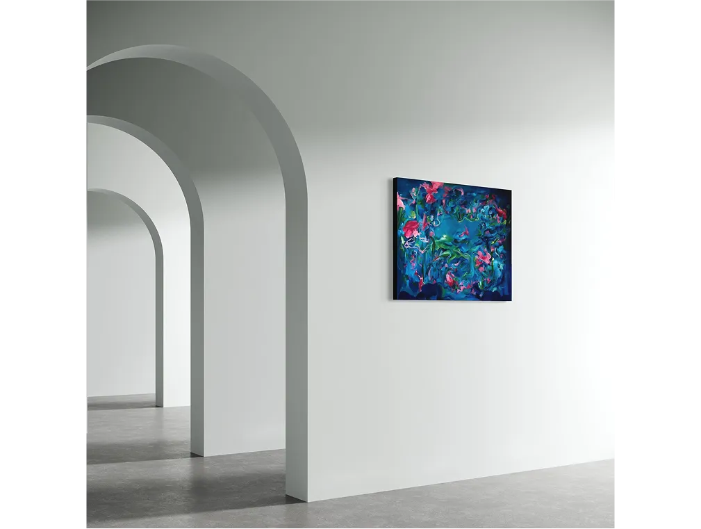 Light gallery space with arched walls and gray floor, featuring a vivid abstract painting titled "Ariel" on the right wall.
