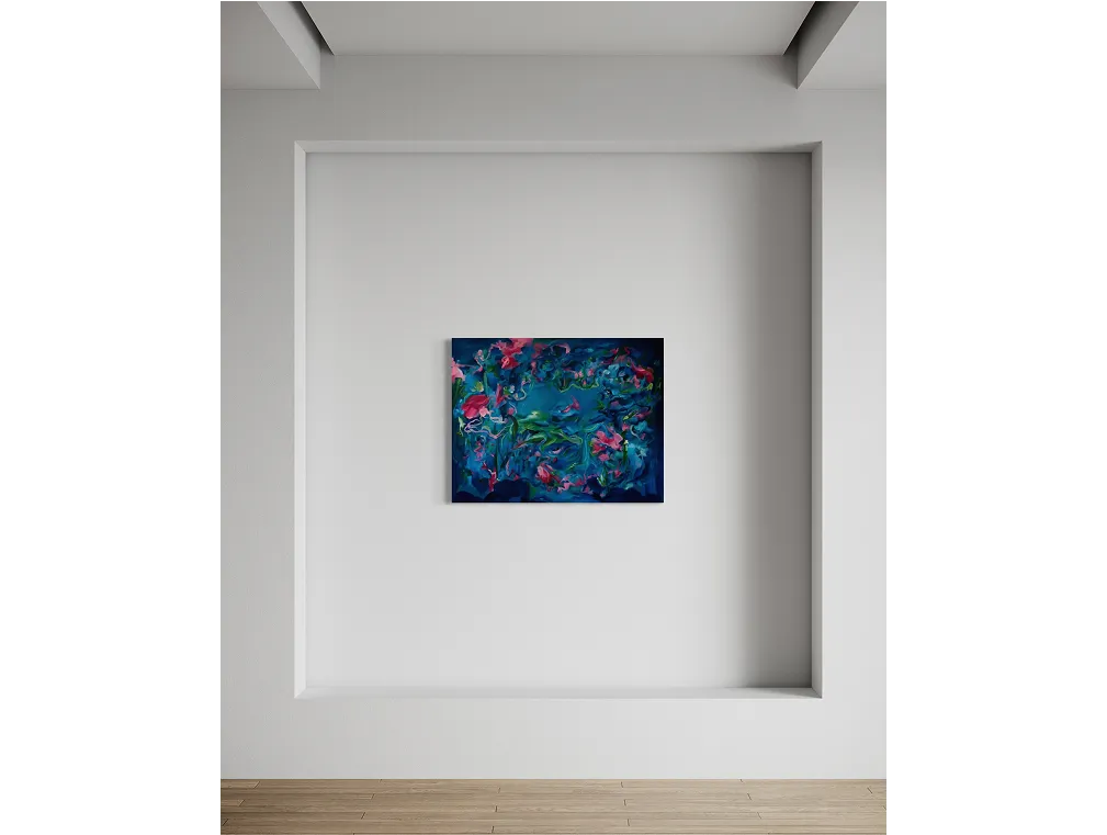 A dark, fluid painting titled "Ariel" hangs in a recessed white wall niche with wood flooring and soft, even lighting.