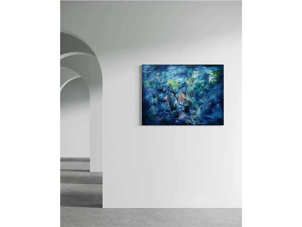 Light gallery with arched walls and gray floor, featuring a deep blue abstract painting titled "Three Selves" on the wall.