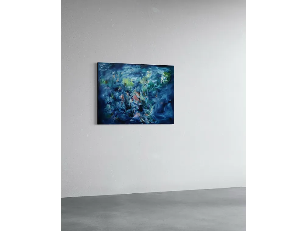 Minimal space with gray floor and textured wall, featuring a moody blue abstract painting titled "Three Selves" on the wall.