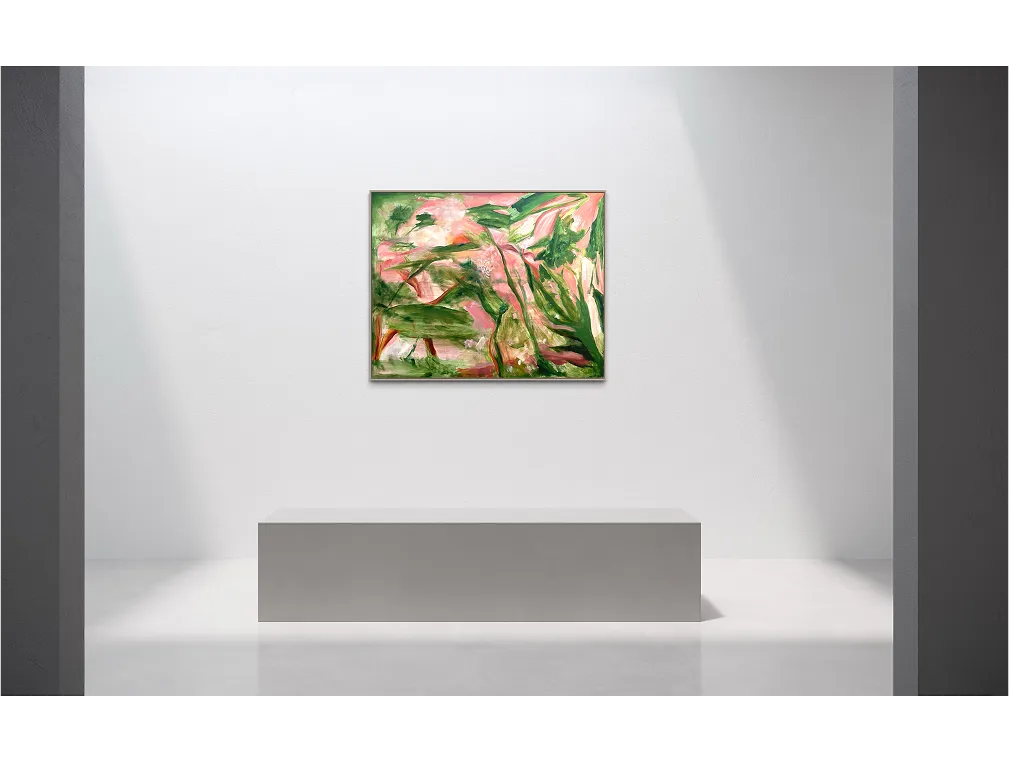Minimalist gallery space with a bench and a painting titled "This Heaven" hanging on a white wall under soft spotlight.