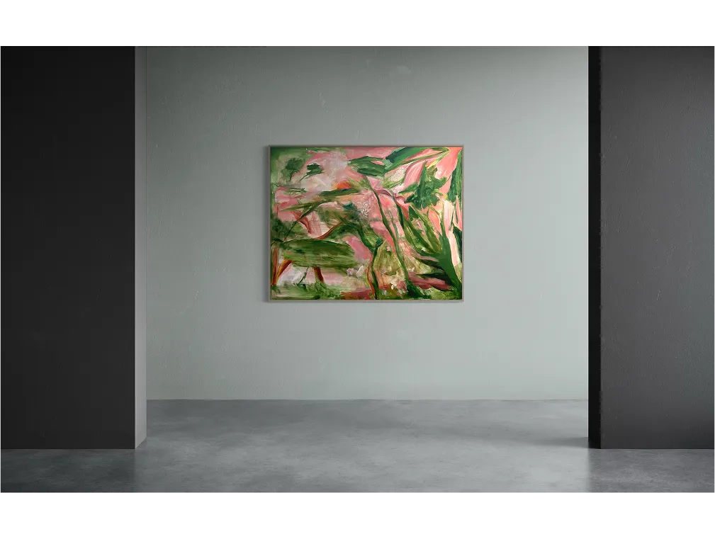 Contemporary room with grey walls and concrete floor featuring a single painting titled "This Heaven" hanging on the wall.
