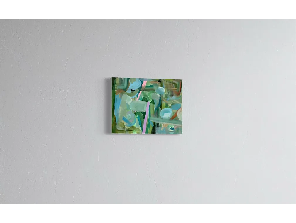 Light room with a textured white wall featuring a single abstract painting titled "Pathways" hanging at eye level.