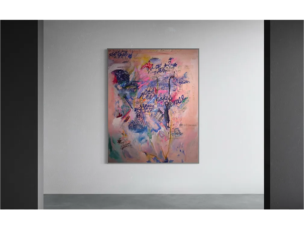 A large abstract painting titled "Makes Sense" hangs on a white gallery wall between two dark panels in a minimalist space.