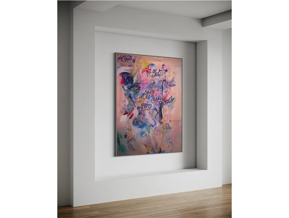 "Makes Sense" painting hangs in a white wall niche with wood floor and soft daylight.