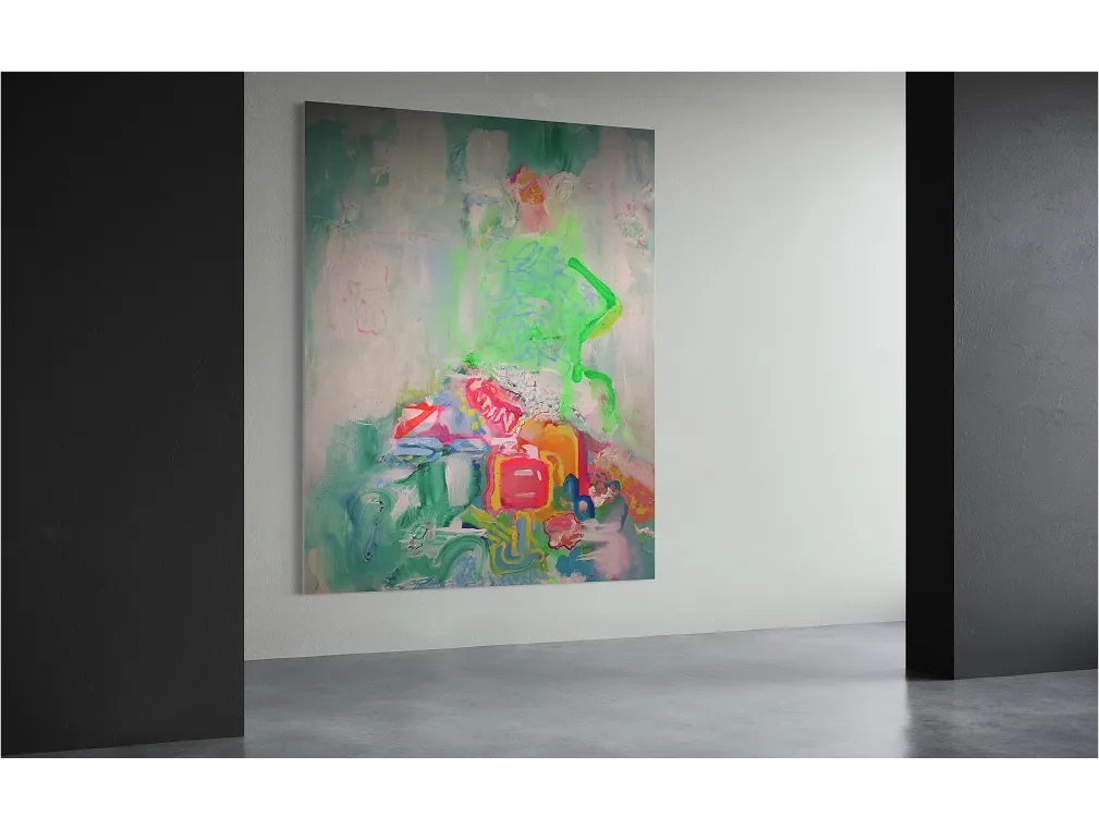 Large artwork titled "Messages" hangs on a tall white wall in a minimal space with concrete floor and dark side panels.
