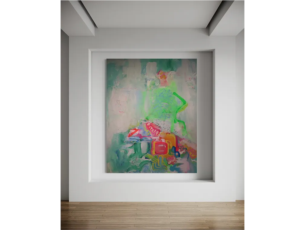 "Messages" painting hangs in a white wall niche with wood floor and soft light from above.