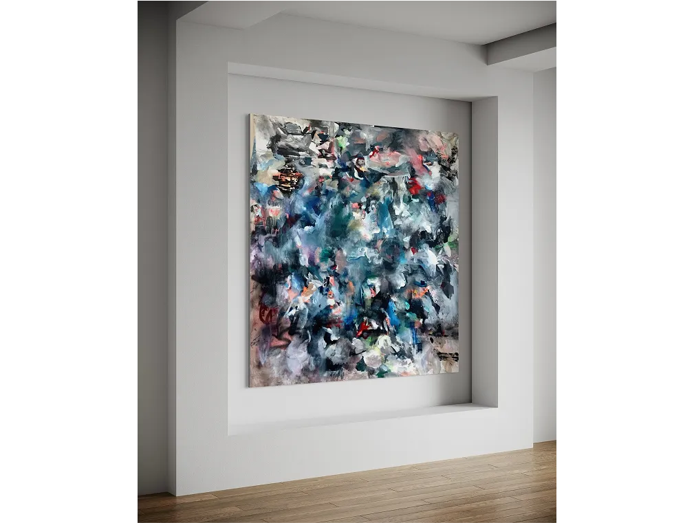 Abstract painting "Oblivion" hangs on a white niche wall in a minimal gallery with wooden floors.