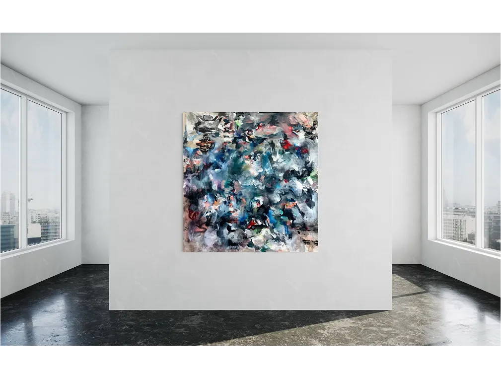 "Oblivion" hangs on a white wall in a bright room with marble floor and large windows overlooking the city.