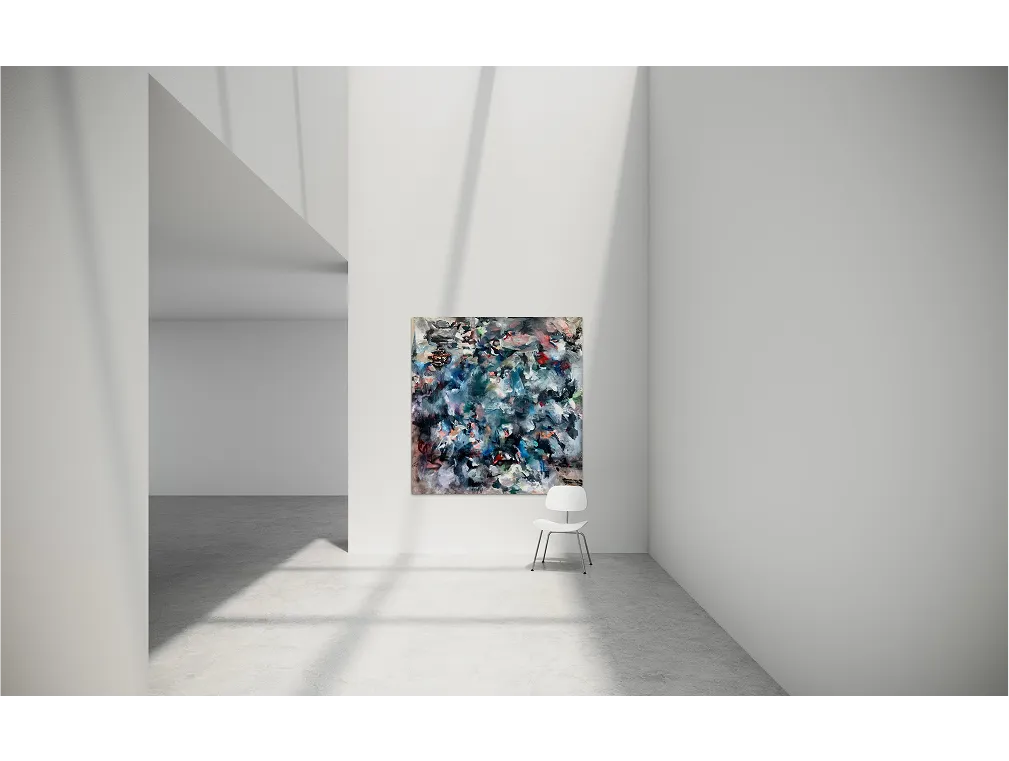 Abstract painting "Oblivion" on white wall in sunlit gallery corner with a single white chair.