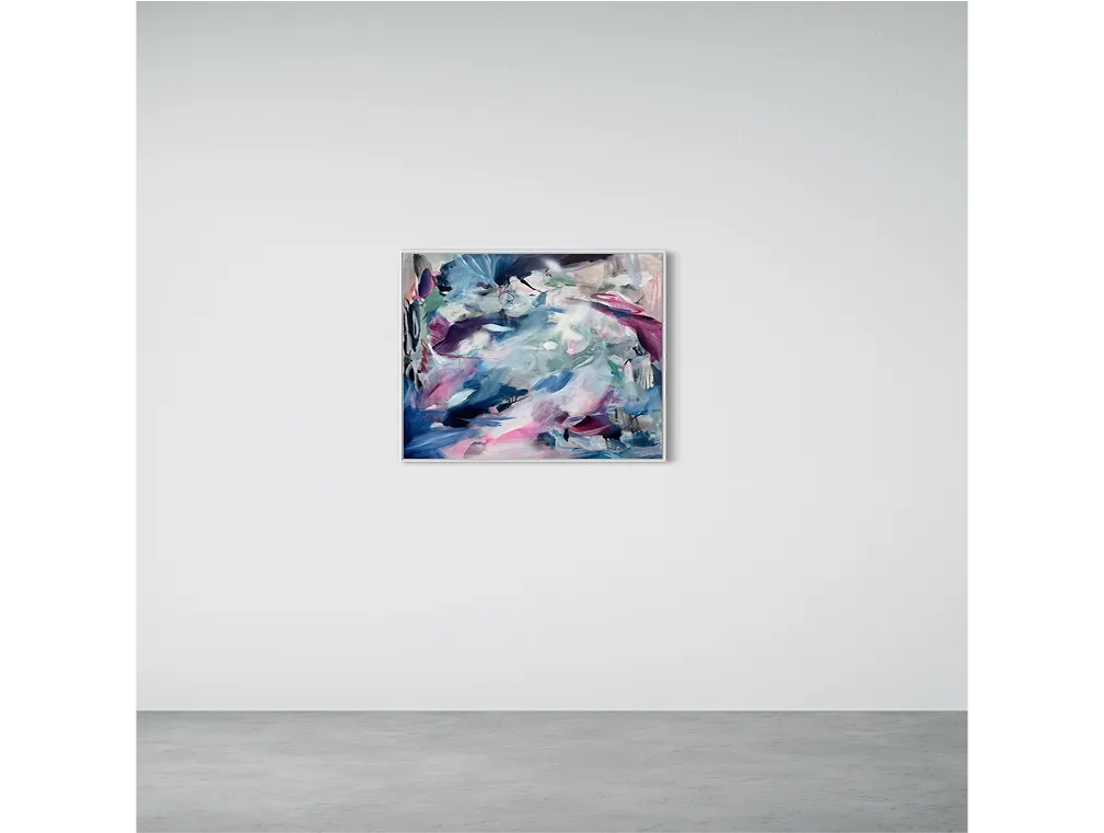 Framed abstract in soft blues and purples on a white gallery wall.