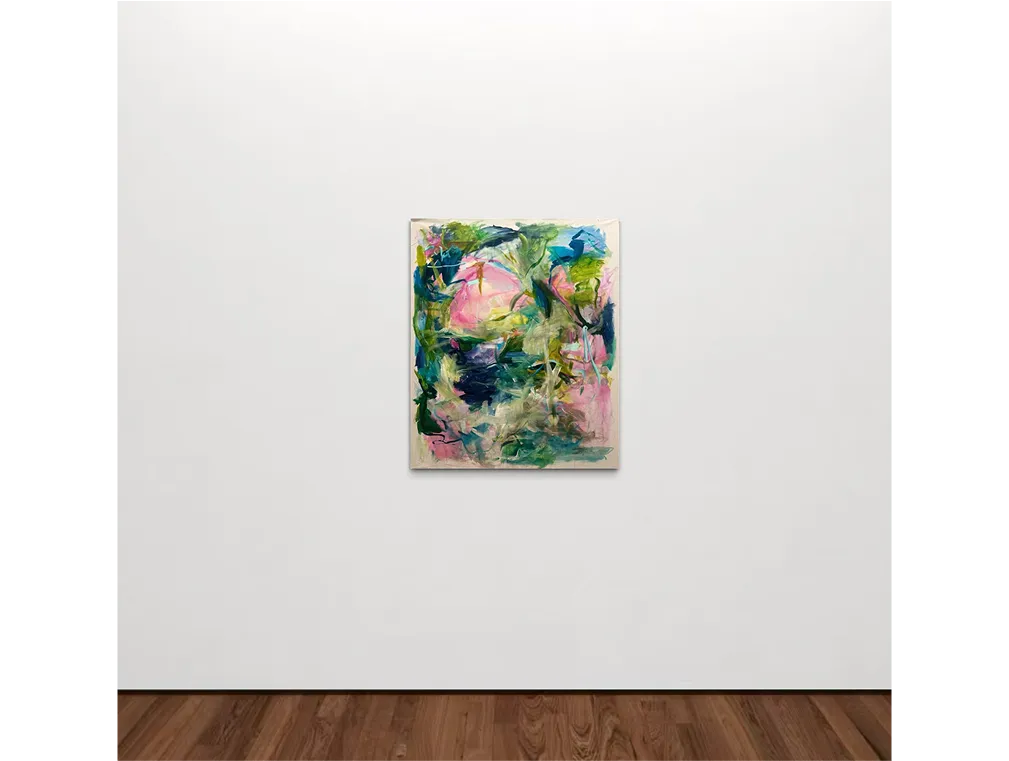 "Pieces of this Life", abstract in pink and green on white wall.