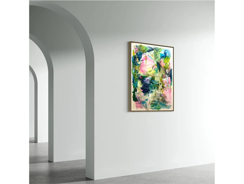 Abstract painting "Pieces of this Life" in vivid greens, pinks, and blues on arched gallery wall.