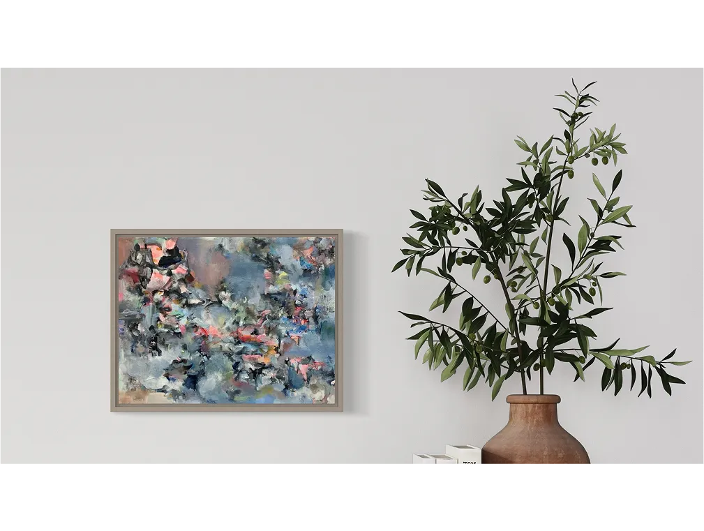 "Dizzy in Becoming", abstract in blue and coral beside olive branch in vase.