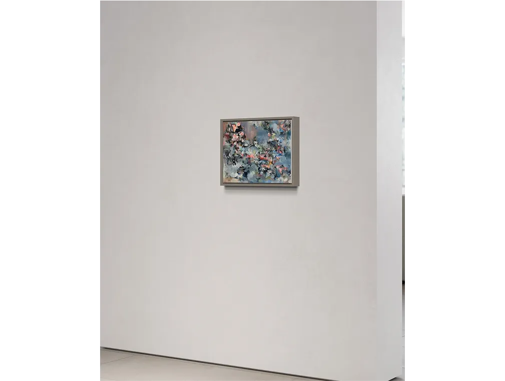 "Dizzy in Becoming", framed abstract in soft blue and coral tones on a clean gallery wall.