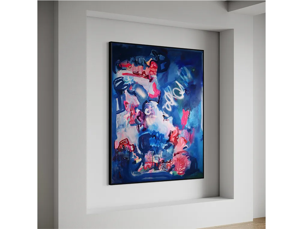 Abstract painting "Old Feelings" hangs in a recessed white wall niche in a minimalist, well-lit interior.