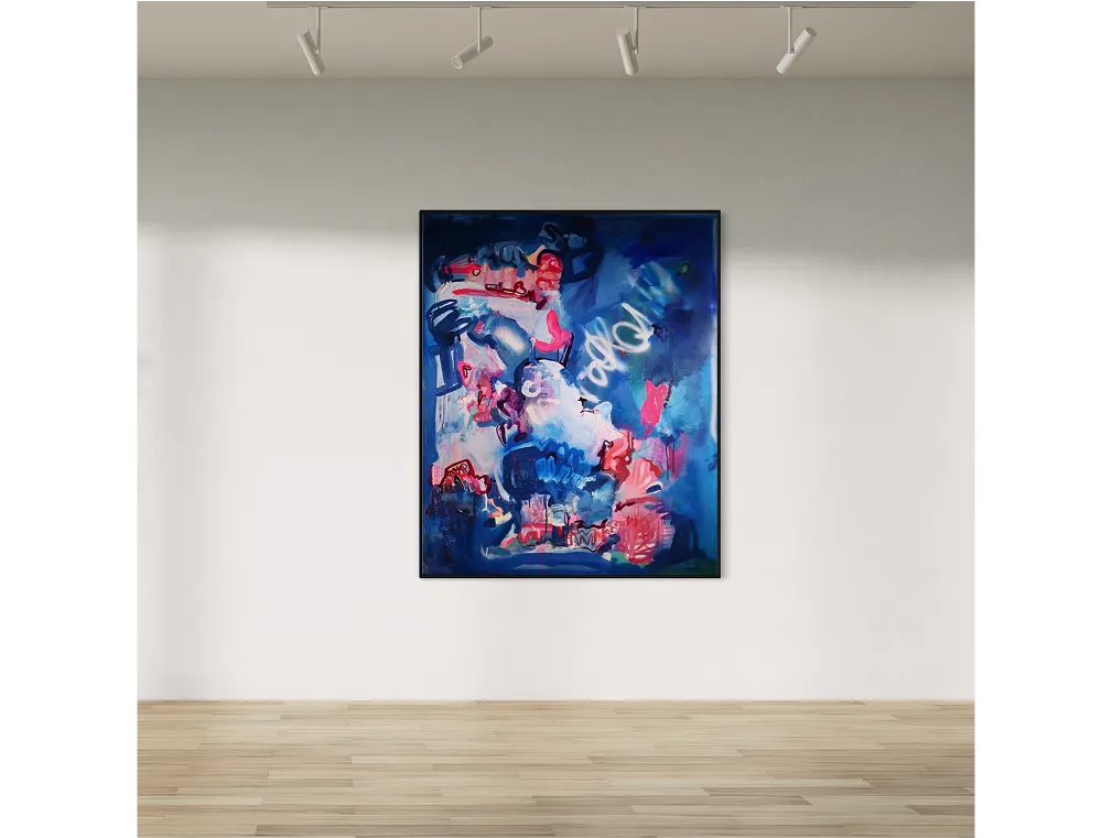 Minimalist gallery with wooden floors and track lighting. The abstract painting "Old Feelings" hangs on a white wall. 