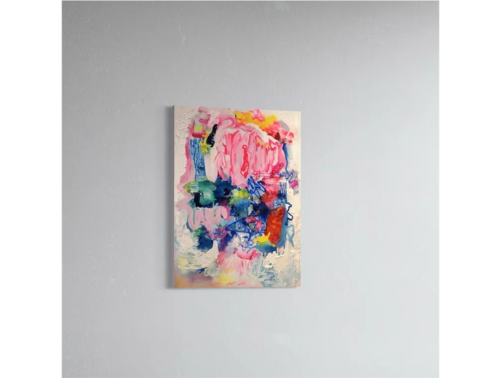 Abstract painting "So Much Hope Here" on a soft gray wall in a bright, minimal interior with no visible furniture.