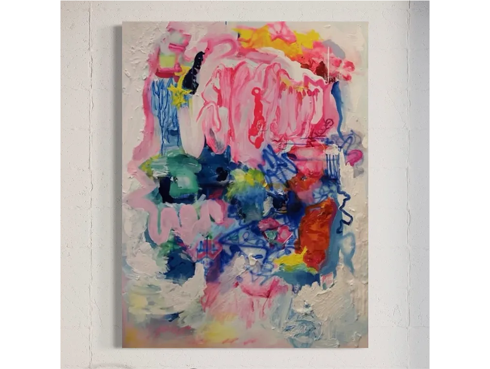 Painting "So Much Hope Here" on white textured brick wall, unframed, in natural light.