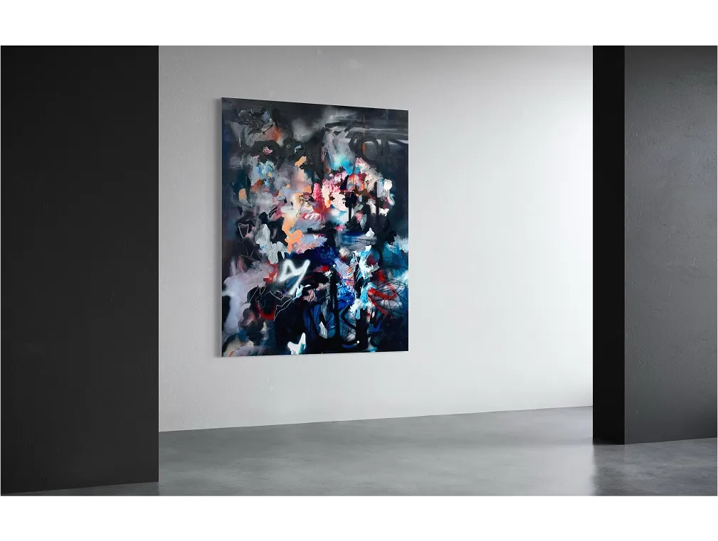 "Residue of What Used to Make Sense" hangs on a white gallery wall between dark columns in a minimalist concrete space.