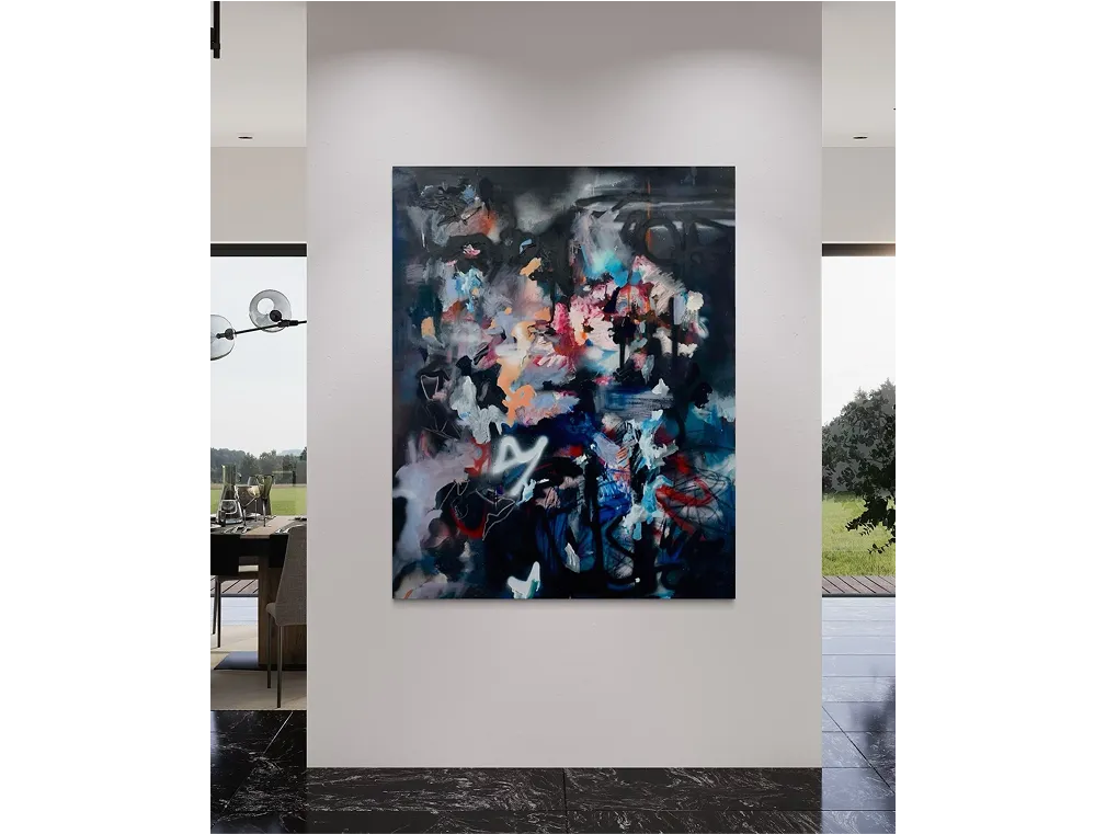 "Residue of What Used to Make Sense" on a white wall in a bright modern room with garden views.