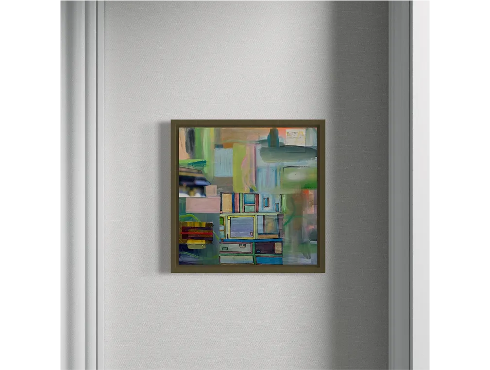 A framed painting titled "Untitled" is displayed on a textured wall between two vertical architectural panels.
