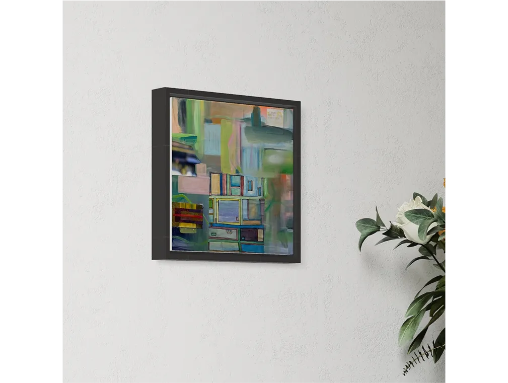 A framed abstract painting titled "Untitled" hangs on a light wall near a vase with white flowers and green leaves.