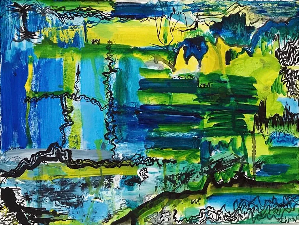 Zigzag lines slice blue, green, and yellow, creating glitch rhythm with layered textures and tension.