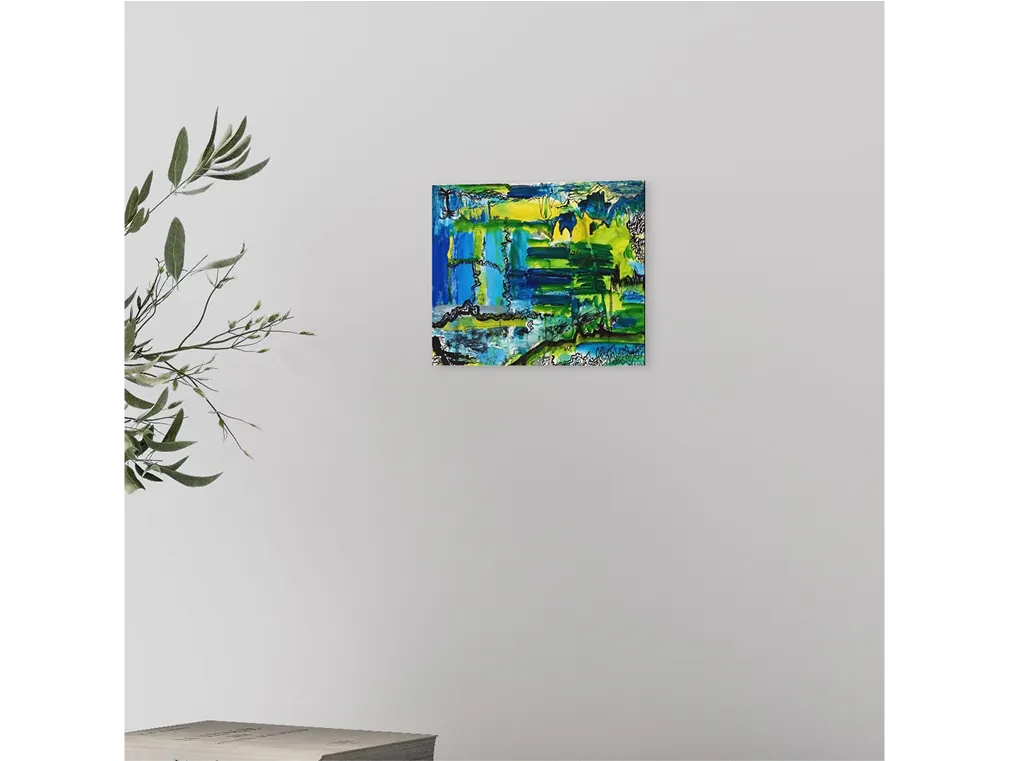 Zigzag lines slice blue, green, and yellow, creating glitch rhythm with layered textures and tension.