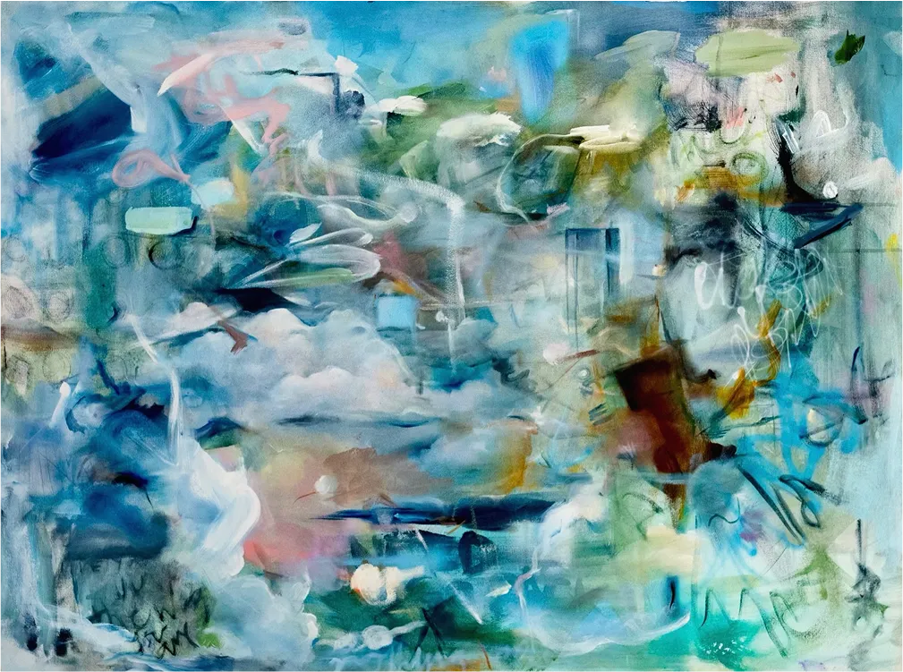 Abstract painting with swirling hues of blue, green, and pink, showcasing a dynamic interplay of shapes and textures.