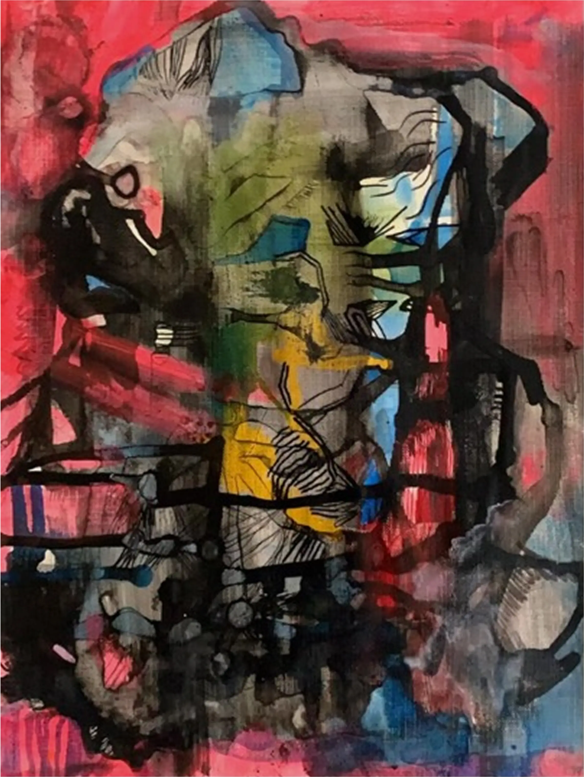 Sharp black contours cross red, green, and yellow pools, with layered textures and sketchy lines adding tension and energy.